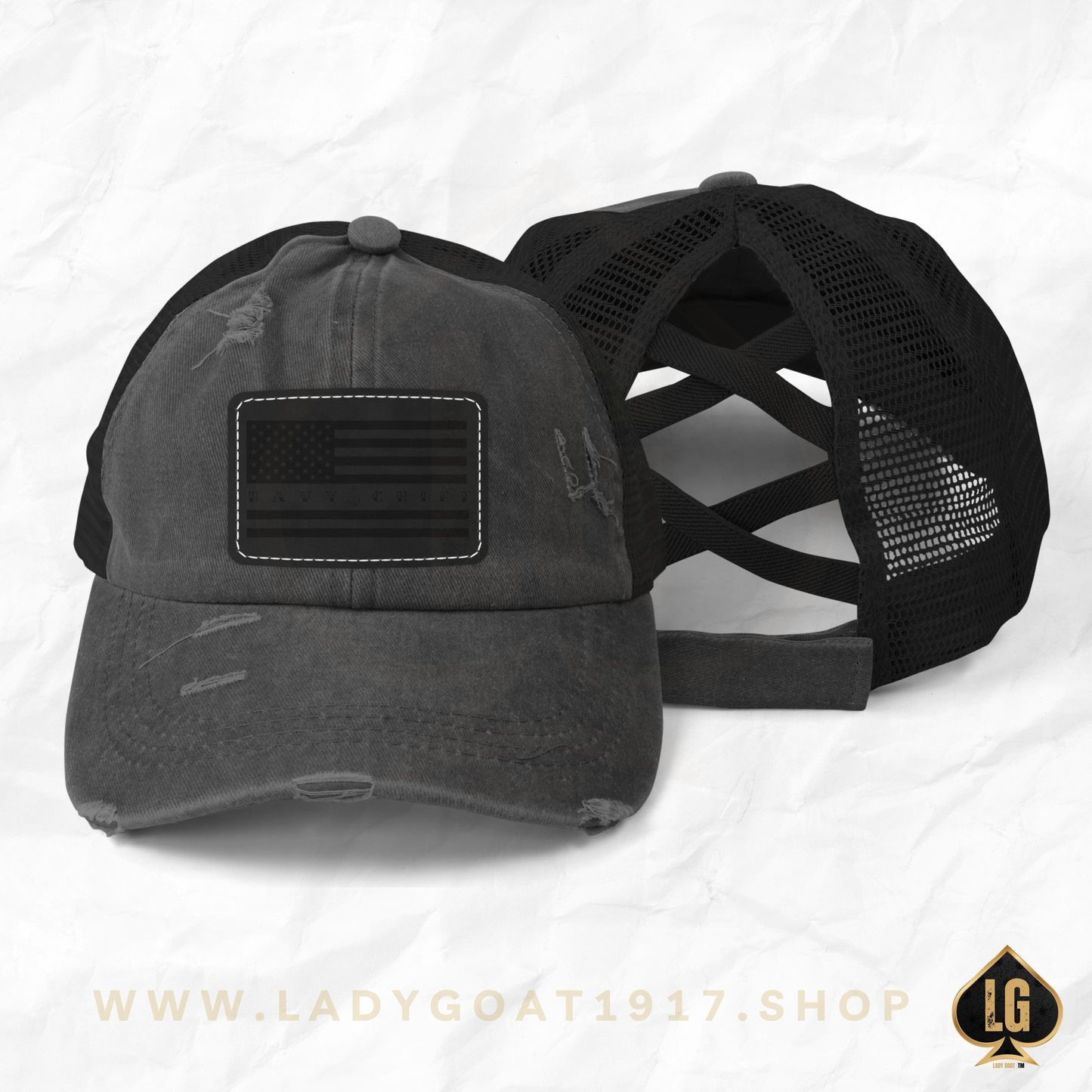 Flag Detail Distressed Ponytail Hat CPO