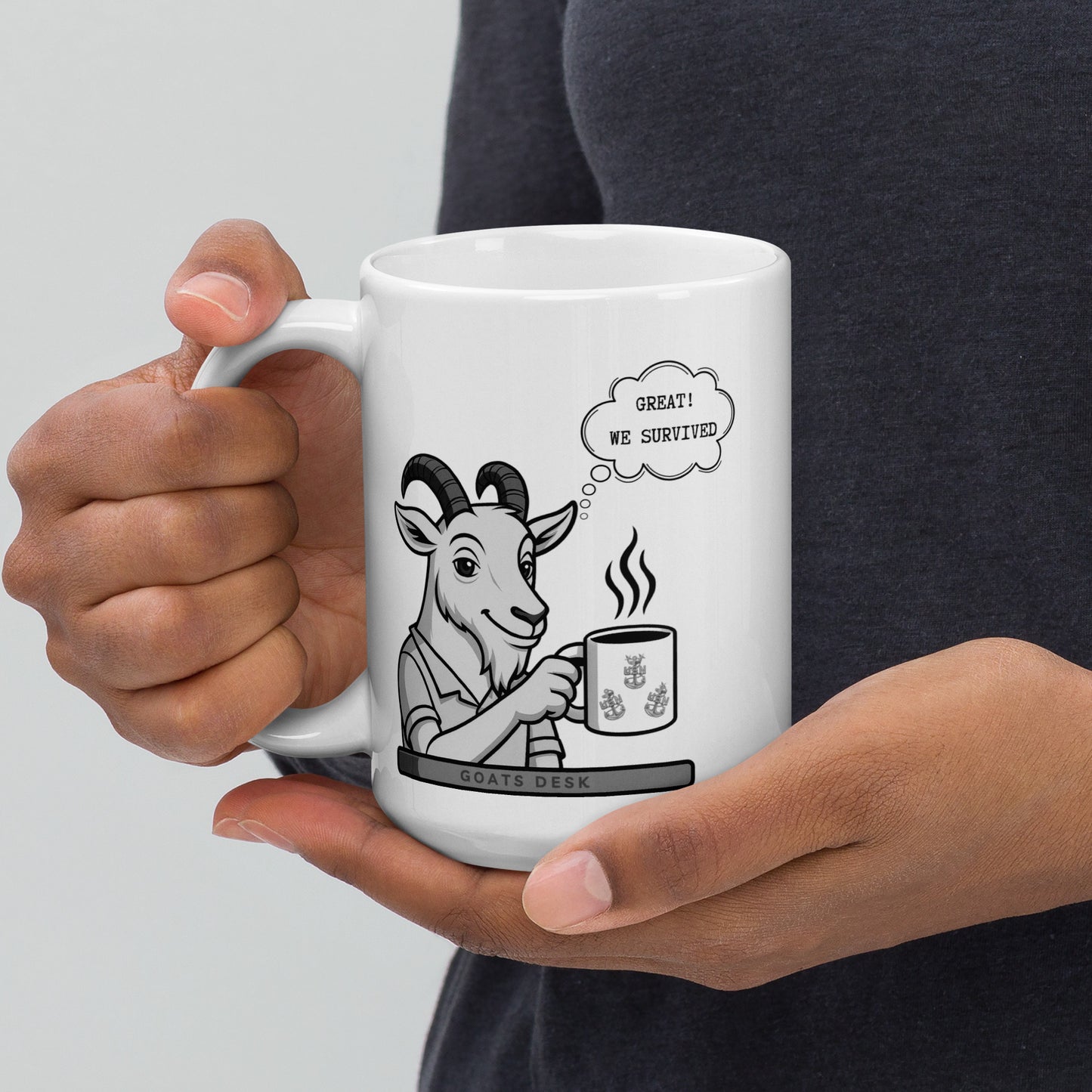Sarcastic Goat Great We Survived White glossy mug