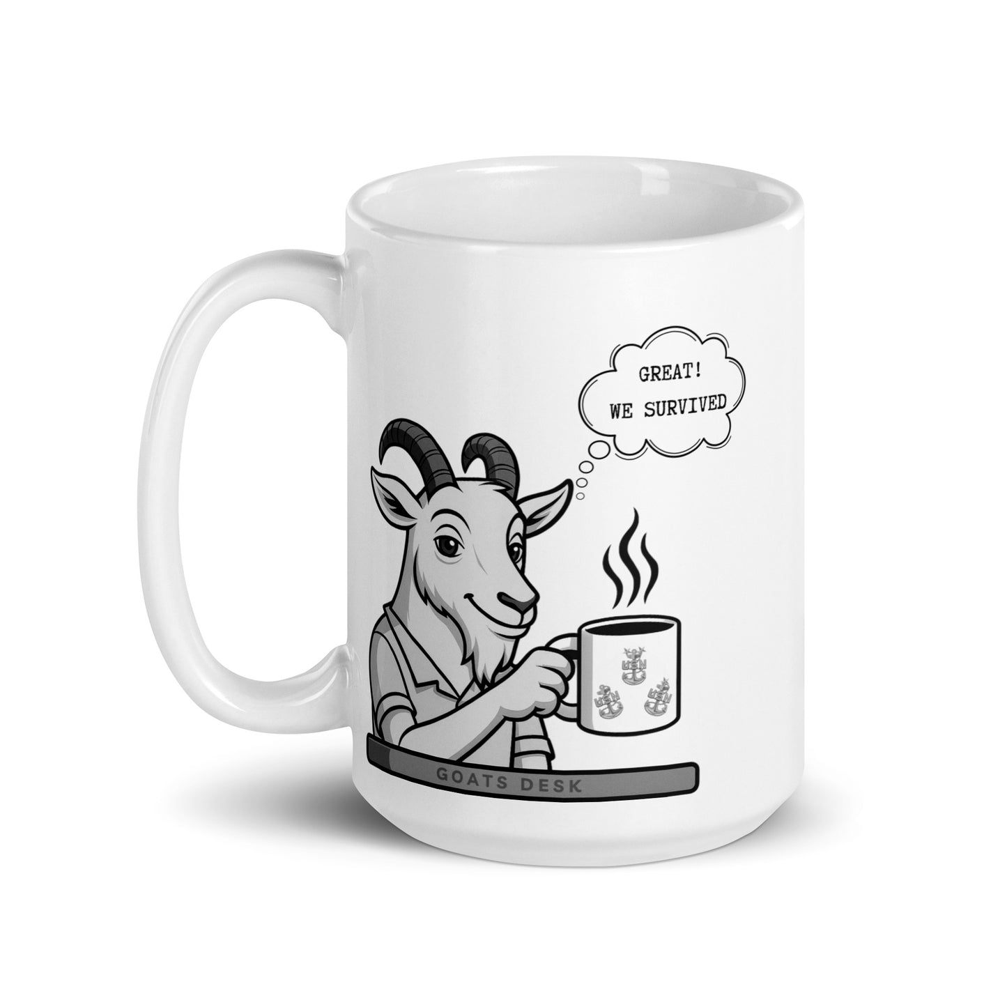 Sarcastic Goat Great We Survived White glossy mug